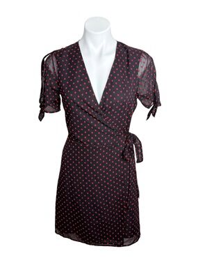 BCBGeneration Black Red Polka Dot Wrap Mini Dress Small Tie Sleeve Party Cocktai